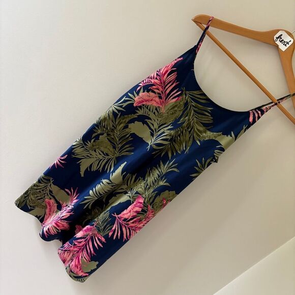 Joyspun Navy Blue Tropical Dress Print PJ Pajama Slip Gown Chemise Women's L - Picture 5 of 8